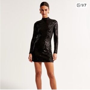 NWT Abercrombie & Fitch Long-Sleeve Sequin Mockneck Mini Dress XXSP Black